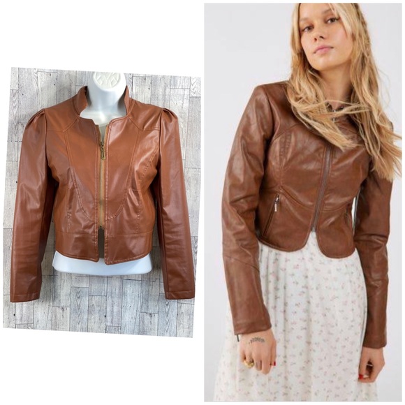 Faux Leather Cropped Jacket in Brown - Picture 1 of 7